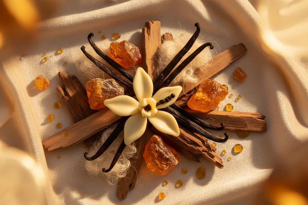 Give ingredient image - As it settles, warm musk, creamy vanilla, rich sandalwood, and glowing amber wrap the skin in a soft, addictive trail that lingers beautifully