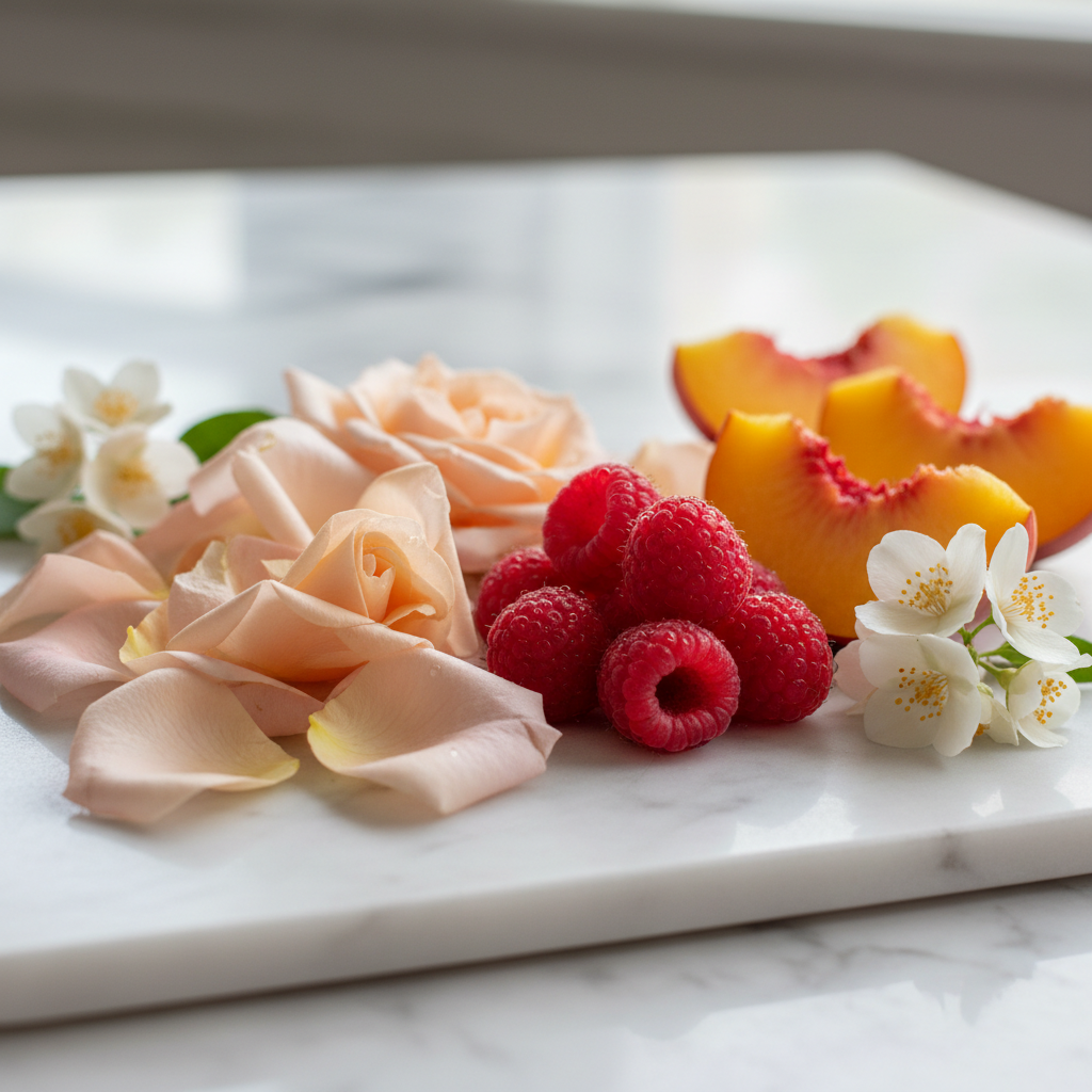 Give ingredient image - The heart blooms into a romantic blend of rose, juicy raspberry, soft peach, and delicate jasmine, adding sweetness and floral elegance.